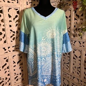 TERRIFIC TURQUOISE BLUE & MINT GREEN OMBRÉ STYLE WITH WHITE ACCENTS PLUS TOP